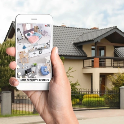 Oakland vivint phone display of cctv live feed in front of a house
